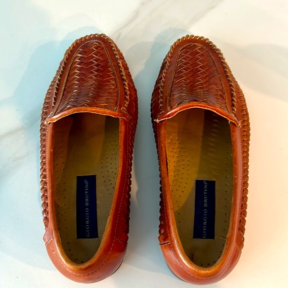 Giorgio Brutini Palm Genuine Woven Leather Loafers Cognac Slip On Driver - Picture 2 of 5